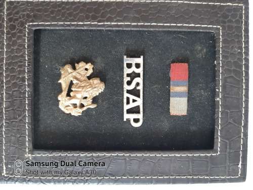 BSAP cap badge, shoulder title and GSM ribbon, originals.